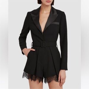 Self Portrait Black Tailired Crepe Playsuit with lace